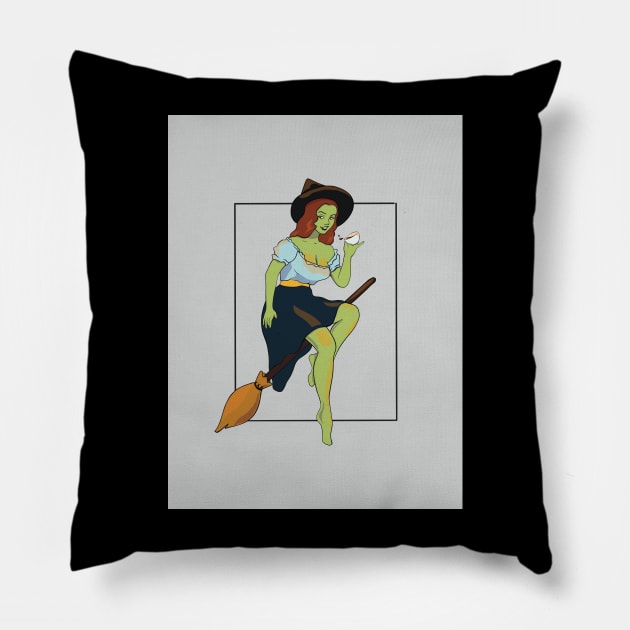 Wicked Witch On Her Broom Pillow by SkullFern