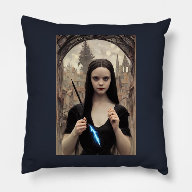 Wednesday Addams Portrait Old painting Style Pillow by AIPerfection