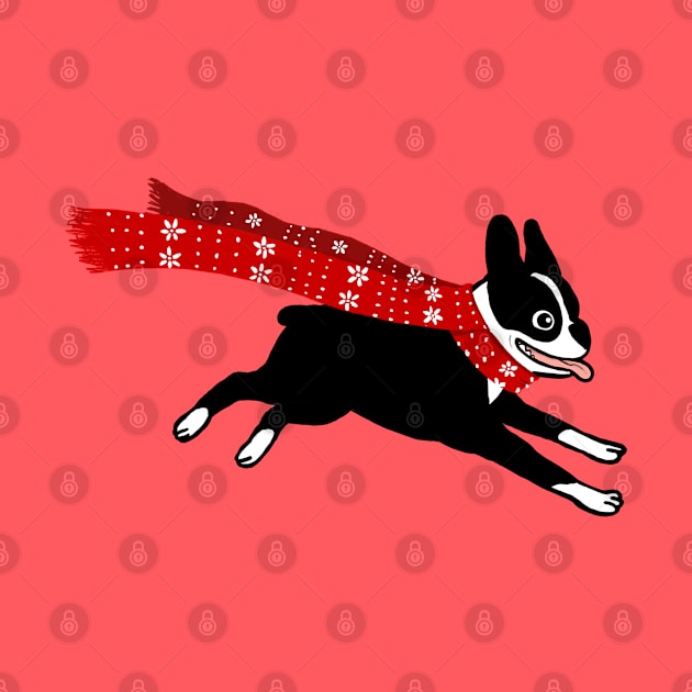 Holiday Boston Terrier Wearing Winter Scarf by Coffee Squirrel