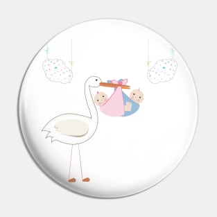 Twin baby with stork, baby arrival card Pin