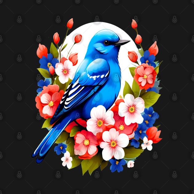 Cute Blue Bird Surrounded by Bold Vibrant Spring Flowers by BirdsnStuff