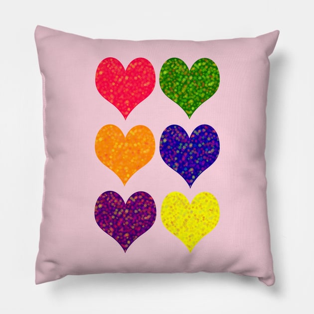 Six Hearts in Red Green Orange Blue Purple Yellow Pillow by Klssaginaw