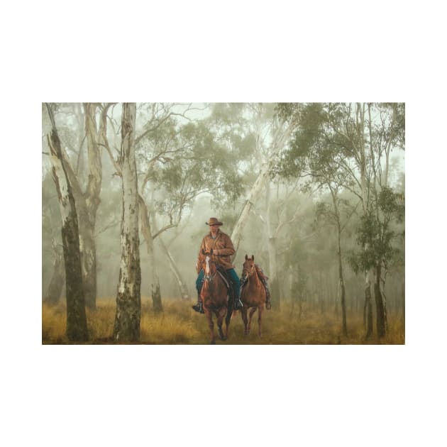 Australian Stockman in Foggy Eucalyptus Forest by Mark Richards