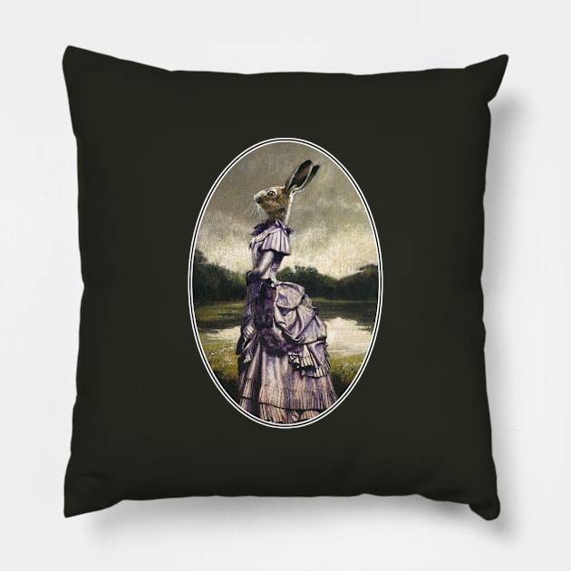 Victorian Hare Lady Oval Design Pillow by mictomart