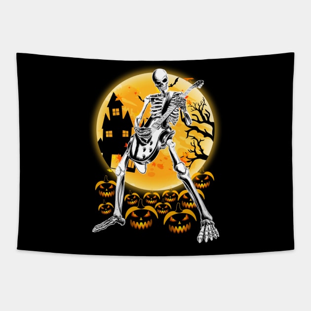 Happy Halloween Funny Skeleton Playing Guitar Pumpkin Tapestry by reginaturner
