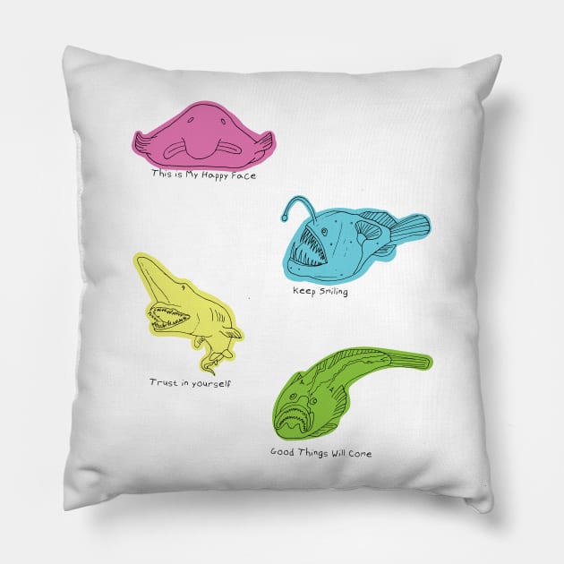 Optimistic Ugly Fish Pillow by Geektopia