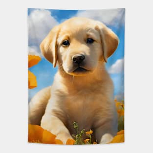 California Poppy Labrador Retriever Puppy Tapestry