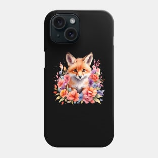 A red fox decorated with beautiful watercolor flowers Phone Case