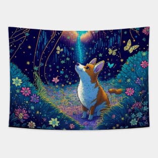 Corgi in a Magical Forest Surrounded by Butterflies Tapestry