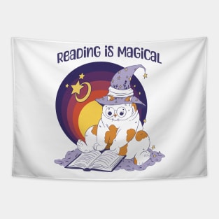 Reading Is Magical Adorable Cat in Witch Hat design Tapestry