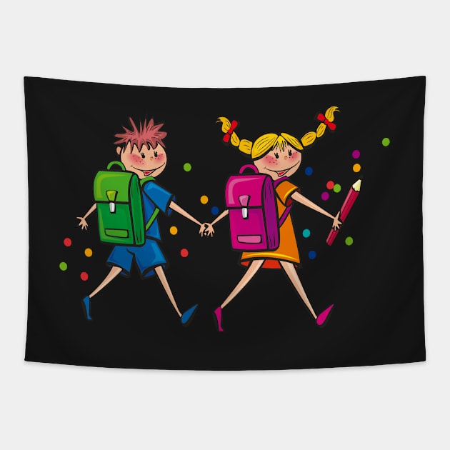 Happy Kids Walking to school Tapestry by Sharply