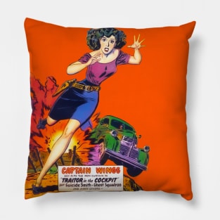 Beautiful Woman Running Captain Wings Traitor Vintage Car Exhibition Adventure Comic Pillow