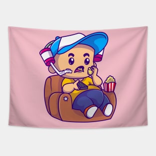Cute Boy Eating Popcorn On Sofa Cartoon Tapestry
