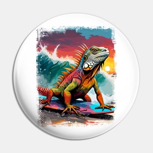 Iguana Surfing Cute Colorful Comic Illustration Pin