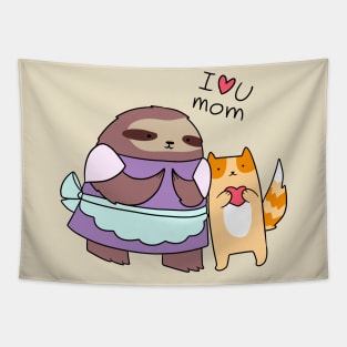 I Love U Mom Sloth and Cat Tapestry