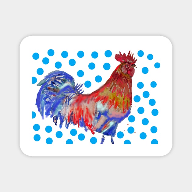 Rooster Watercolor Painting with Blue Polka Dots Magnet by SarahRajkotwala