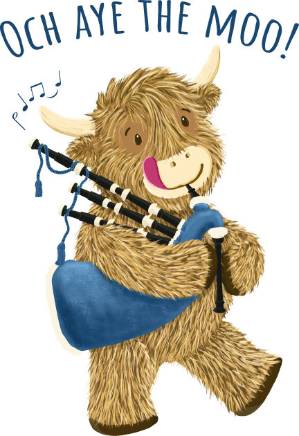 Wee Hamish Scottish Highland Cow And Bagpipes Says Och Aye The Moo! Kids T-Shirt by brodyquixote