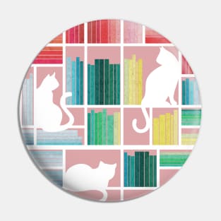 Rainbow bookshelf // blush pink background white shelf and library cats Pin