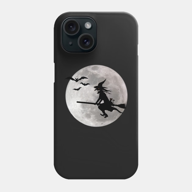 Halloween witch with cat is flying in the sky Phone Case by Quentin1984