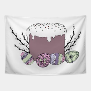 Happy Easter. Trendy Easter design with eggs, Easter cake in pastel colors. Modern style. poster, greeting card Tapestry