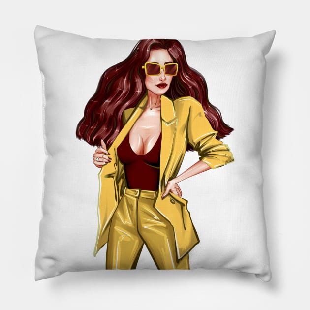 Woman in yellow jacket Pillow by ArctiumStudio