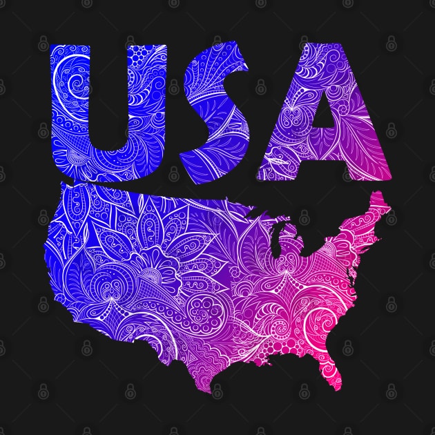 Colorful mandala art map of the United States of America with text in blue and violet by Happy Citizen