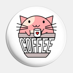 Cat in coffee cup with warped text holding coffee cup with heart pink and white Pin