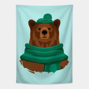 Brown bear in green hat and scarf Tapestry