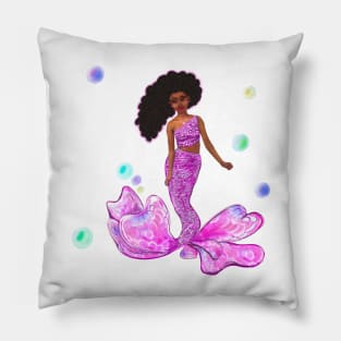 Mermaid - Coco the Magical rainbow mermaid with brown eyes, flowing Afro hair and caramel brown skin - light background Pillow