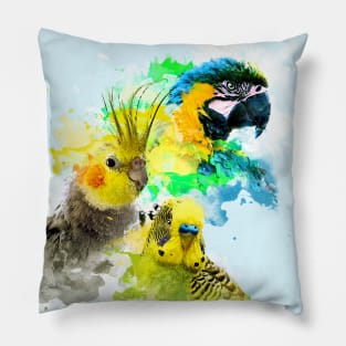 Aquarell Watercolor Splatter Budgie Macaw Cockatiel Parrot Family Pillow