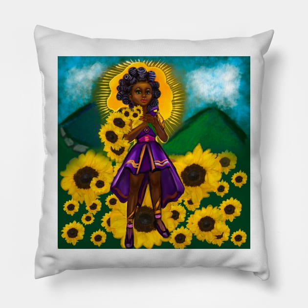 anime girl  sunflower warrior princess ii with Bantu knots - black girl with Afro hair and dark brown skin and flowers Pillow by Artonmytee