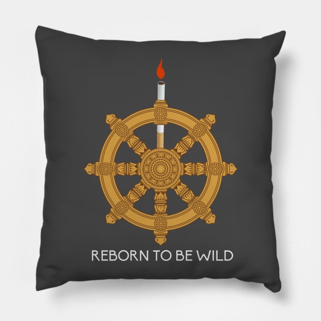 Reborn to be wild Dharma wheel Pillow by neememes