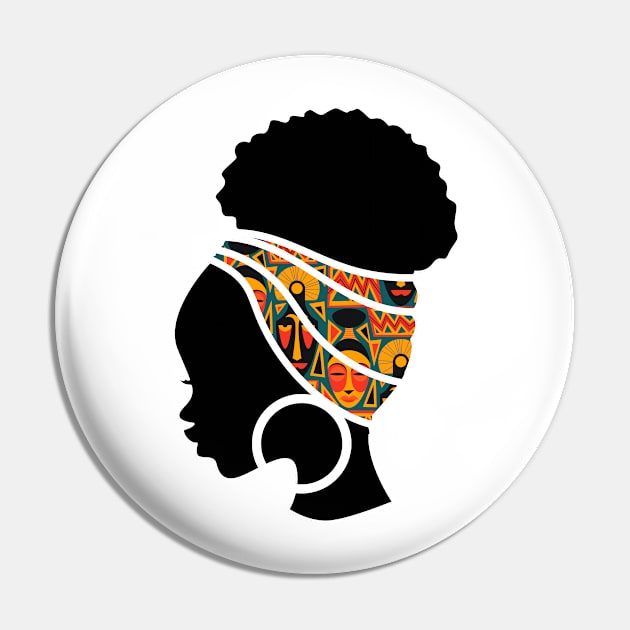 Afro Hair Woman with African Pattern Headwrap Pin by dukito