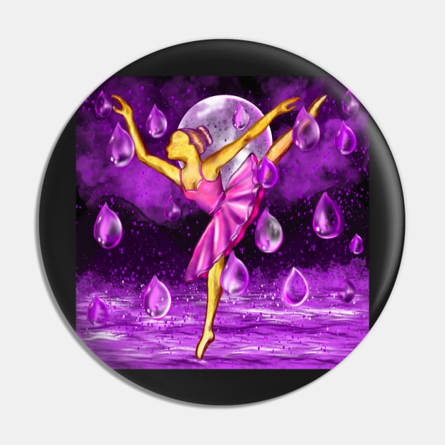 Ballerina dancing by the Full moon in the purple rain, midnight landscape with raindrops falling into Water Pin by Artonmytee