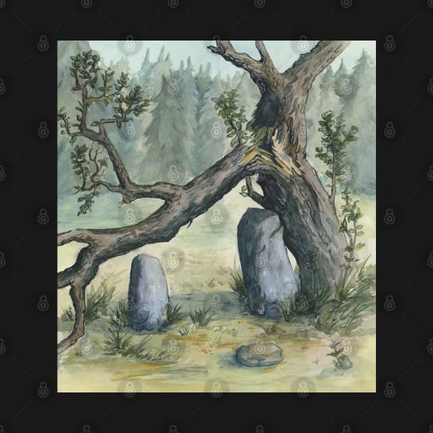 two ancient stones illustration - traditional watercolor painting by Karolina Studena-art