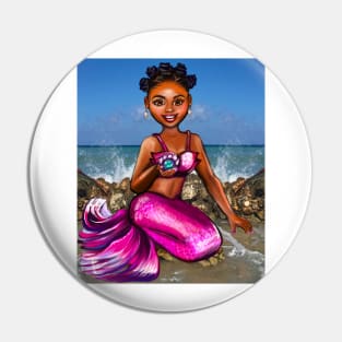 Mermaid Anime mermaid holding a rare black pearl #2 Afro hair in Bantu knots  and caramel brown skin - light background Pin