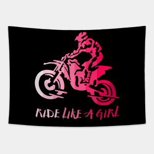 I Ride Like a Girl Pink Retro Biker Silhouette Enduro Girl Tapestry