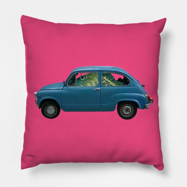 Fish Driving Blue Car Surreal Collage Pillow by studiogooz