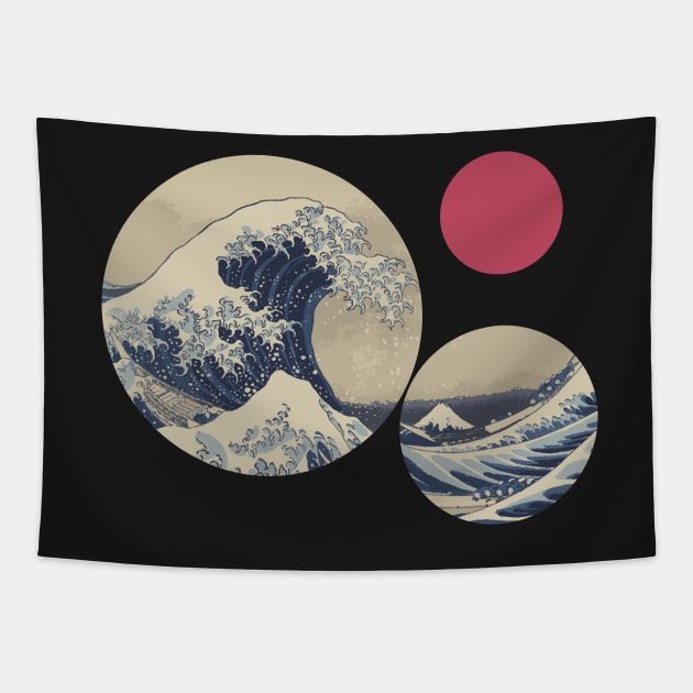 Minimalist The Great Wave off Kanagawa With Sun Geometric Tapestry by pelagio