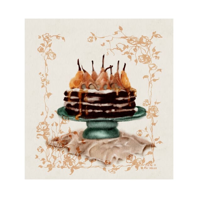 Caramel Pear and Gingerbread Cake Cottagecore Art Watercolor by penandbea