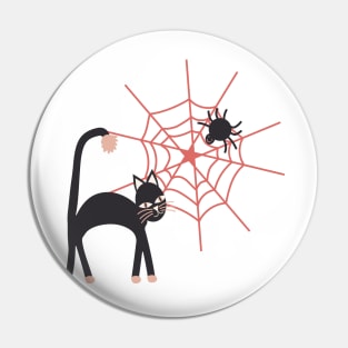 Spookily cute cats, spiders and cobwebs for Halloween in watermelon pink and darkest charcoal Pin