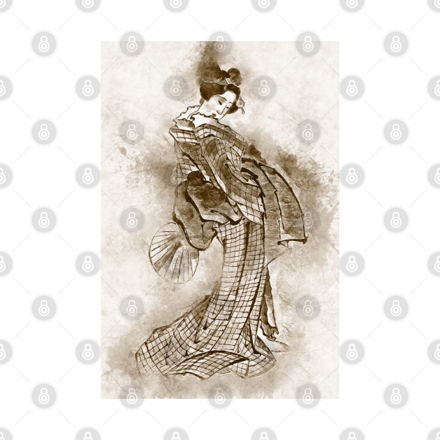 Geisha Girl / Vintage Watercolor Hokusai japanese Sepia art style from Edo period by Naumovski