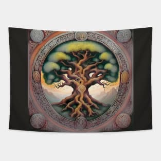 Aged Illustration of Yggdrasil Viking World Tree Tapestry