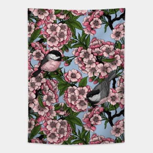 Cherry blossom and chickadees on sky blue Tapestry