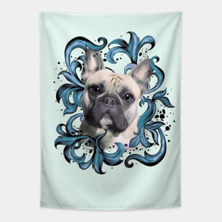 French bulldog, blue decorations leaves, frenchie lovers gift Tapestry