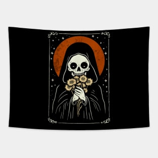 Death Brings Flowers Cute Reaper Skull And Bouquet Tapestry