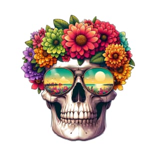 Floral Skull with Reflective Sunglasses Design T-Shirt