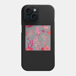 Red Seahorse and Algae (on gray background) Phone Case