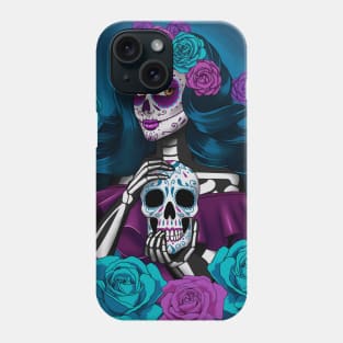 mexican catrina holding a sugar skull with flowers Phone Case