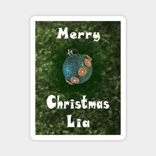 Merry Christmas Lia - Green Glitter Ball Ornament with Beaded Flowers :) Magnet